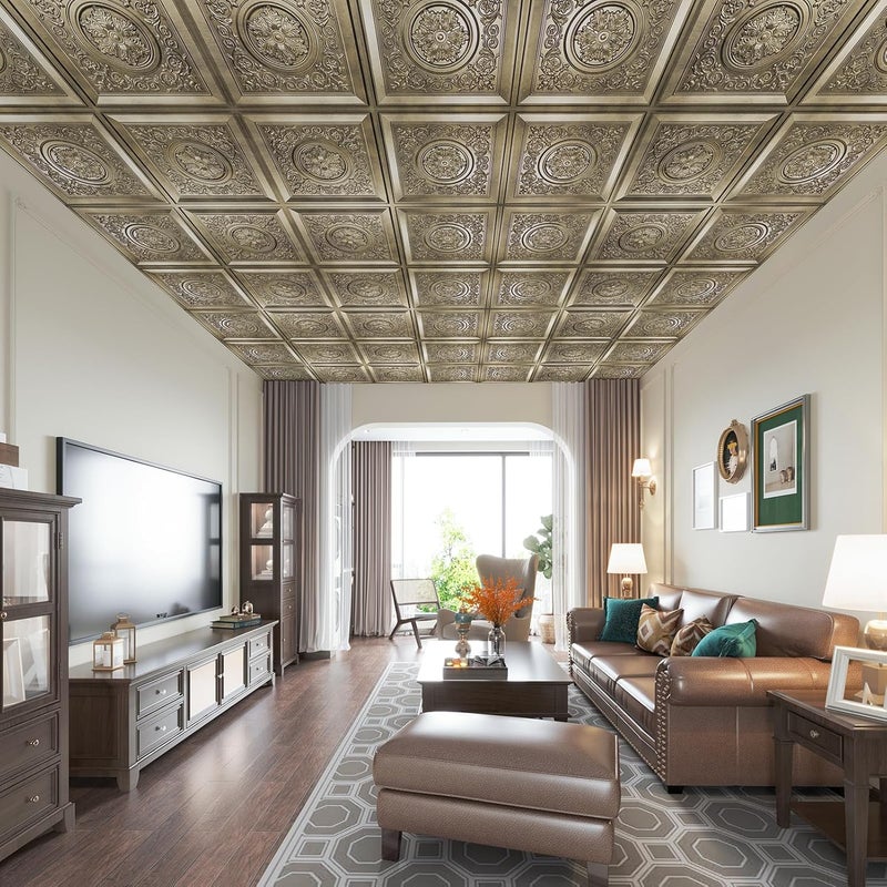 WOWSTAR 12-Pack 24"x24" Drop Ceiling Tiles, Vintage Style Waterproof Glue up Ceiling Panels Decor, Antique Gold - Image 2